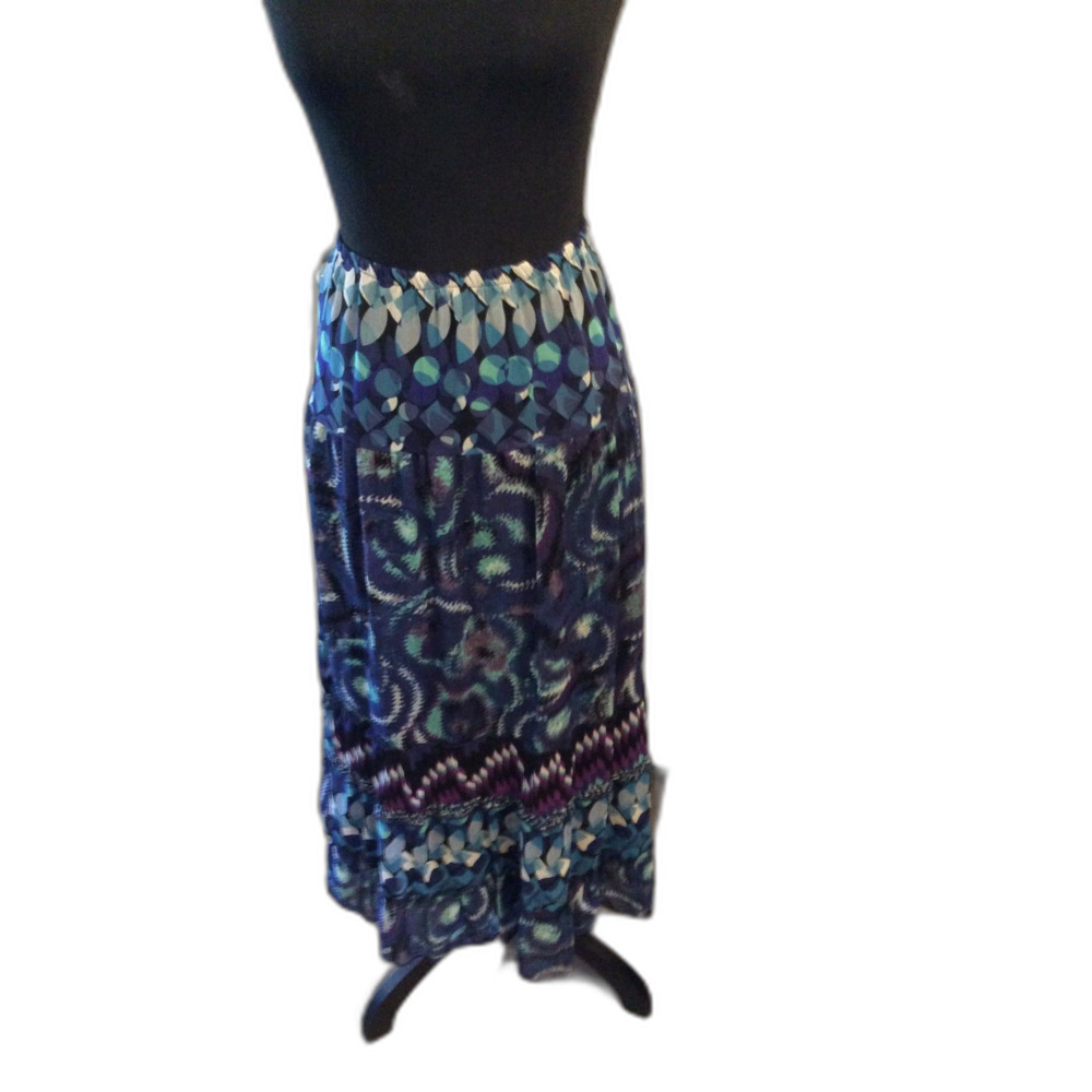 Boho Hippie Vibrant Blue Pattern Maxi Ruffled Tiered Lined Skirt Large L